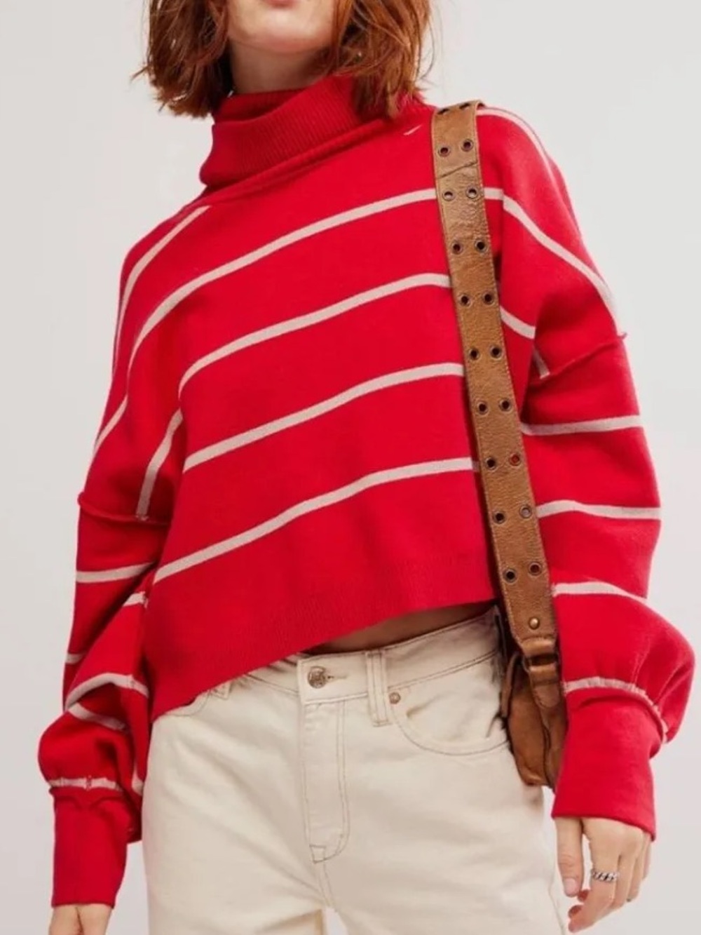 Free People Paulie Sweater Red Striped Oversized Turtleneck Balloon Sleeve Small